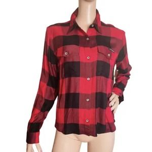 DKNY NEW Women Sz Small Shirt Red Black Check Button up Collared Cuffs Blouse